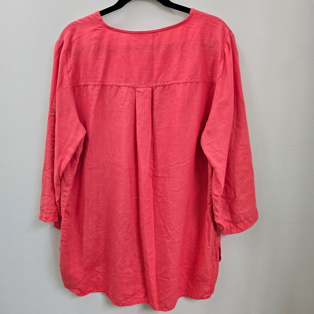 Company Ellen Tracy Coral Pink‎ Linen Half Zip Roll Tab Sleeve Tunic Top Large - Picture 3 of 6